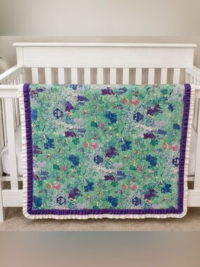 Vintage Handmade Woodland Animal Baby Quilt Blanket Ruffle Trim Nursery Cottage